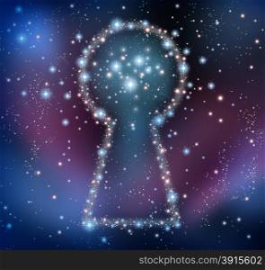 Key inspiration and finding answers or solutions in a brainstorm concept as a night sky with a group of stars and planets as a bright space constellation in the shape of a keyhole.