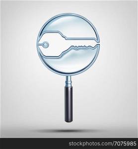 Key Search symbol and browser solution or career searching success symbol as a magnifying glass shaped as an open lock tool icon as a 3D illustration.