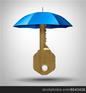 Key security concept with an umbrella protecting the symbol of solutions as an icon for defending against business strategy risk as a 3D illustration.