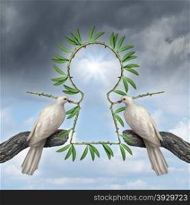 Key to peace symbol as two white doves coming together with a reconciliatiation solution with olive branches that are in the shape of a keyhole as a metaphor for friendship resolution and alternative to war.