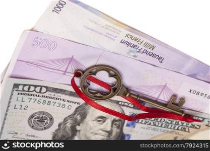 Key To Success With Red Bow on American dollars, European euro,Swiss franc currency