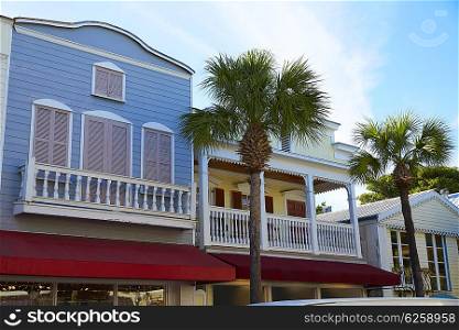 Key west downtown street houses facades in Florida USA