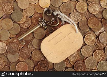 Key with a tag on the background of coins
