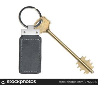 Key with leather trinket. It is isolated on a white background