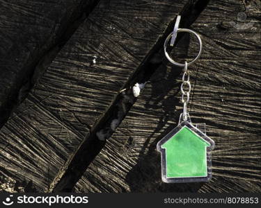 Keychain in a shape of house on wood. Green color house