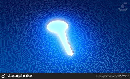 Keyhole with blue circuit board pattern texture. High-tech background in digital computer technology security concept. 3d illustration