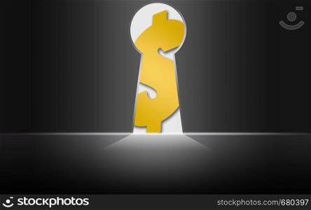 Keyhole with golden dollar sign, 3D rendering