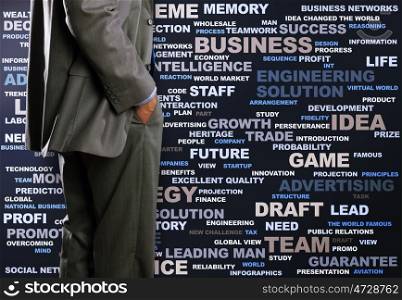 Keywords of business. Bottom view of businessman with hands in pockets