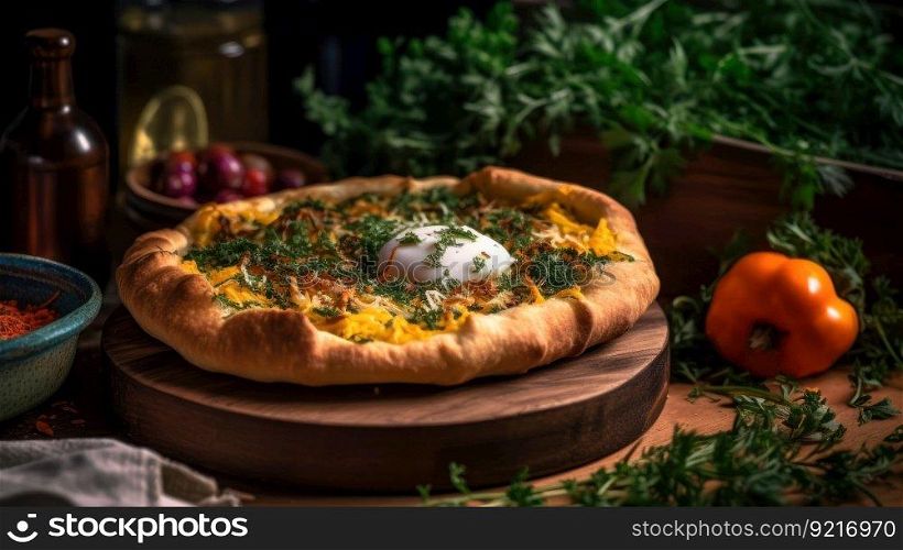 khachapuri with egg and green dill generative ai.