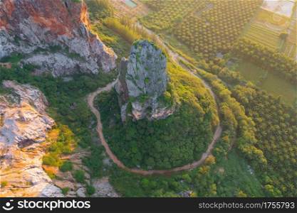 Khao Kuha at Songkhla. Mountain hill with green forest trees. Nature landscape background in Thailand. Huangshan mountain.