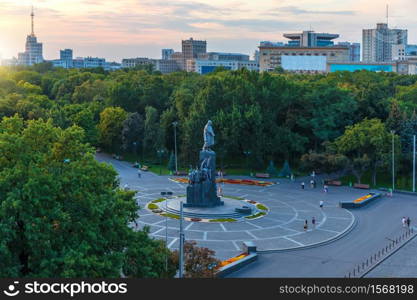 Kharkiv skyline and view on the city centre with Shevchenko monument, Ukraine.. Kharkiv skyline and view on the city centre with Shevchenko monument, Ukraine