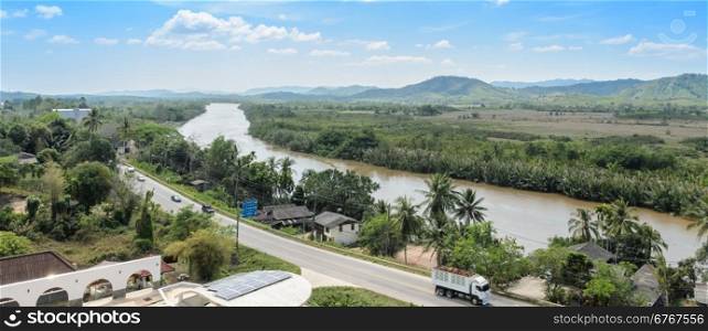 Kho Khot Kra or Kra Isthmus, the Malayan Peninsula narrowest point in Ranong, Thailand. Kra Buri River forming a natural boundary between Thailand and Myanmar.