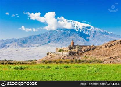 Khor Virap with Mount Ararat in background. The Khor Virap is an Armenian monastery located in the Ararat plain in Armenia, near the border with Turkey.