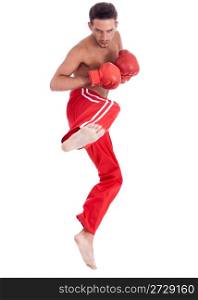 Kickboxing men doing action over isolated white background