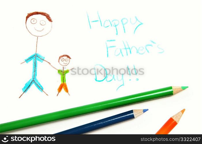 Kid&acute;s happy fathers day drawing and color pencils over white.