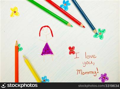 Kid&acute;s mothers day drawing with color pencils.