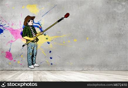Kid boy paint wall. Sketched image of little boy painting wall with roller