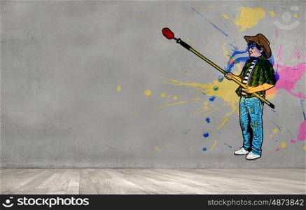 Kid boy paint wall. Sketched image of little boy painting wall with roller