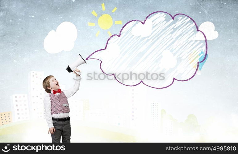 Kid boy with megaphone. Little sweet boy screaming emotionally into megaphone