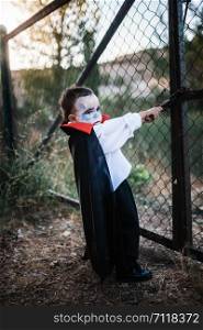 Kid costumed of dracula to halloween on the forest near grille