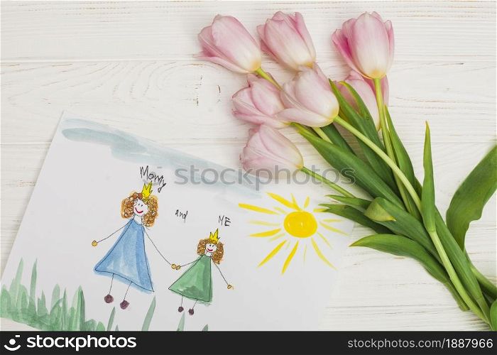 kid drawing mother daughter with flower. Resolution and high quality beautiful photo. kid drawing mother daughter with flower. High quality and resolution beautiful photo concept