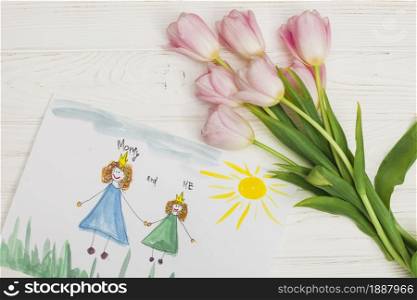 kid drawing mother daughter with flower. Resolution and high quality beautiful photo. kid drawing mother daughter with flower. High quality and resolution beautiful photo concept