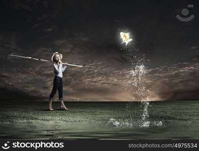 Kid fisherman. Cute barefoot girl with fishing rod on shoulder