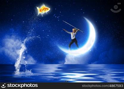 Kid fisherman. Cute girl fisherman throwing harpoon to catch gold fish