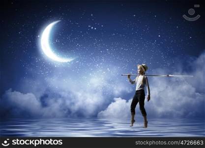 Kid fisherman. Cute girl in night sky with fishing rod