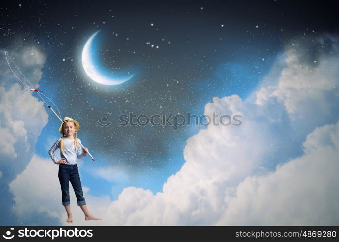 Kid fisherman. Cute girl in night sky with fishing rod