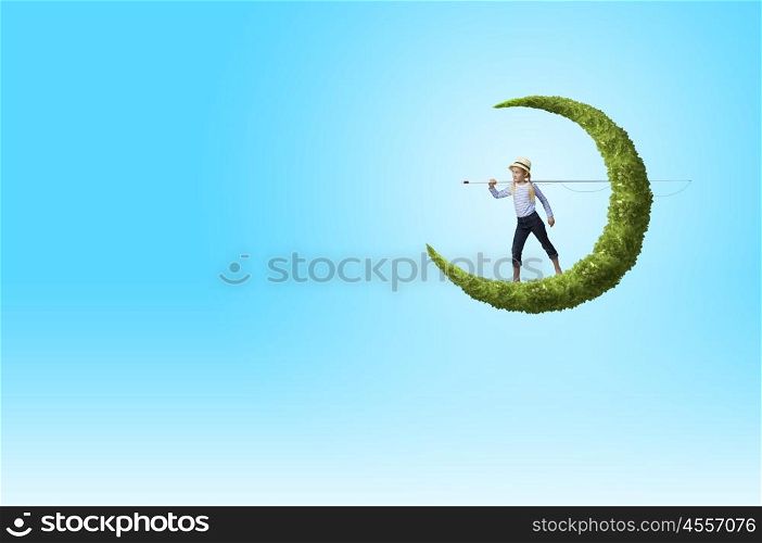 Kid fisherman. Cute girl standing on green moon with fishing rod
