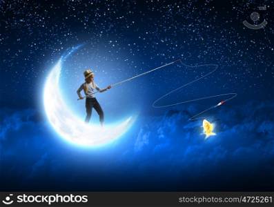 Kid fisherman. Cute girl standing on moon with fishing rod