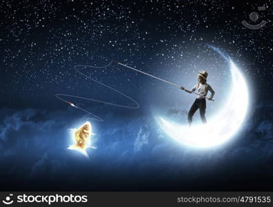 Kid fisherman. Cute girl standing on moon with fishing rod