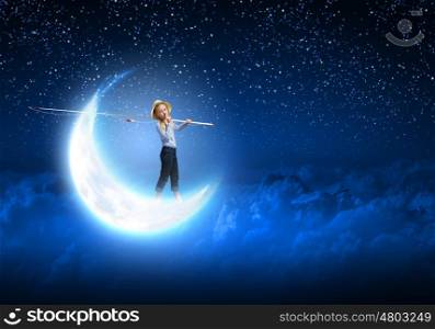 Kid fisherman. Cute girl standing on moon with fishing rod