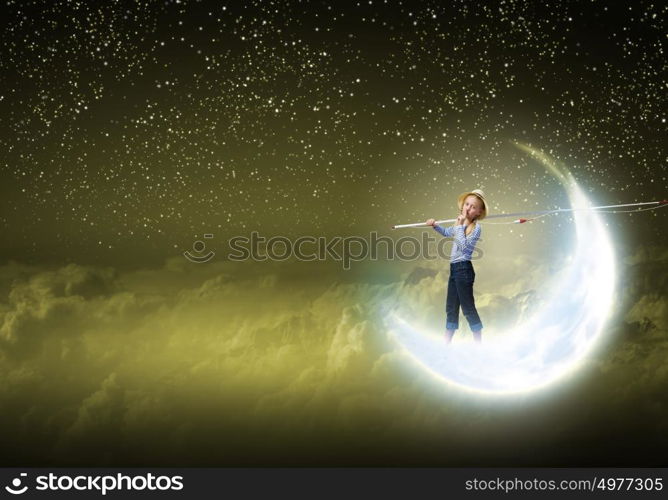 Kid fisherman. Cute girl standing on moon with fishing rod