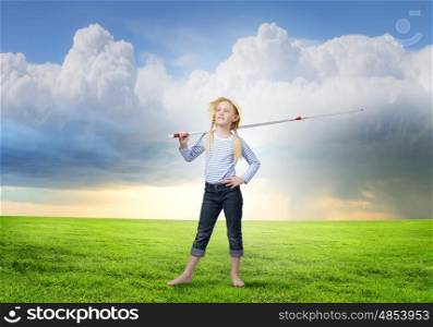 Kid fisherman. Cute girl with fishing rod on shoulder