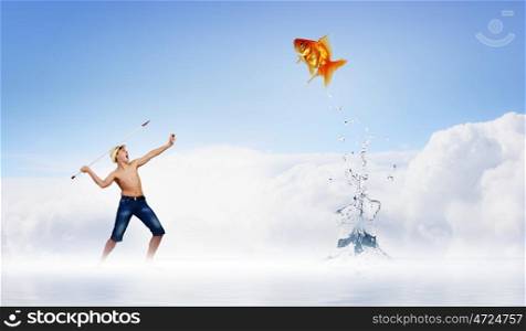 Kid fisherman. Young boy standing on cloud and throwing harpoon
