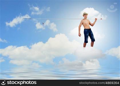 Kid fisherman. Young boy with fishing rod standing on cloud