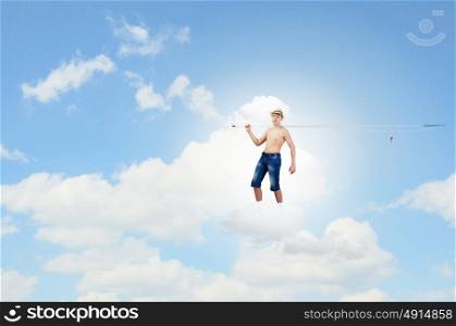 Kid fisherman. Young boy with fishing rod standing on cloud
