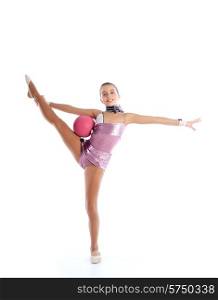 Kid girl ball rhythmic gymnastics exercise on white background