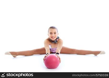 Kid girl ball rhythmic gymnastics exercise on white background