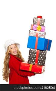 kid girl holding many gifts stacked on her hand isolated on white