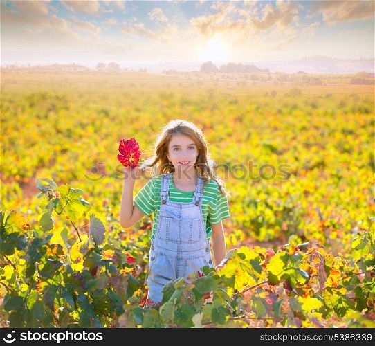 Kid girl in autumn vineyard field and holding red leaf in hand