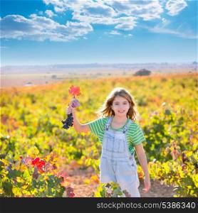 Kid girl in happy autumn vineyard field holding red leaf grapes bunch in hand