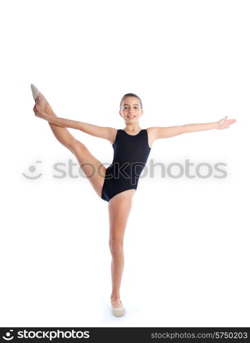 Kid girl rhythmic gymnastics exercises on white background