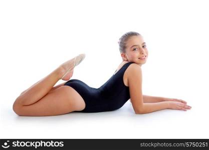 Kid girl rhythmic gymnastics exercises on white background