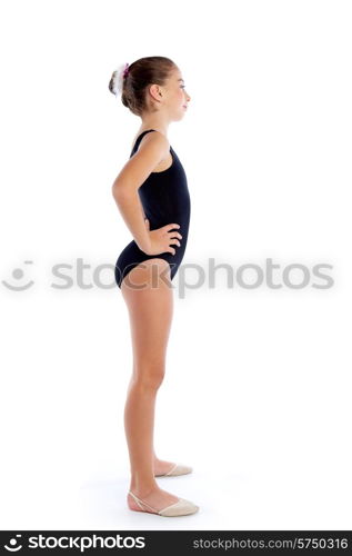 Kid girl rhythmic gymnastics exercises on white background