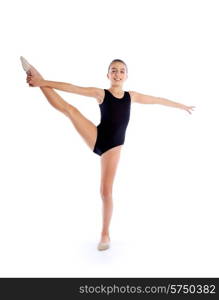 Kid girl rhythmic gymnastics exercises on white background