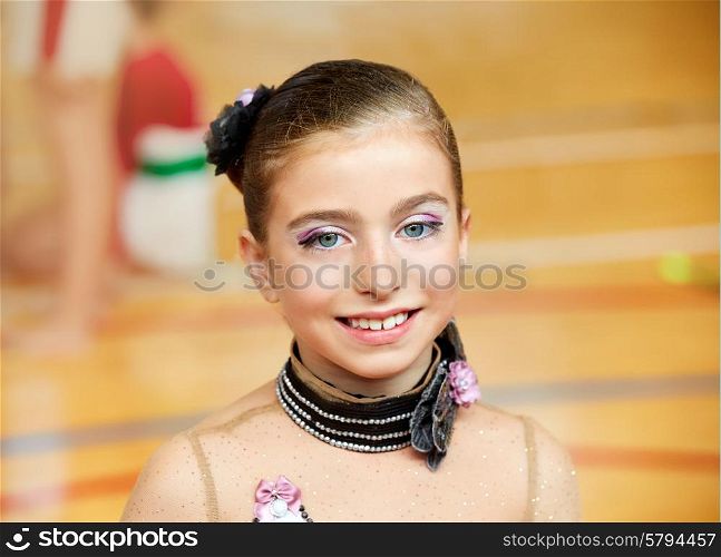kid girl rhythmic gymnastics on wooden deck portrait