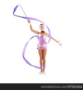 Kid girl ribbon rhythmic gymnastics exercise on white background